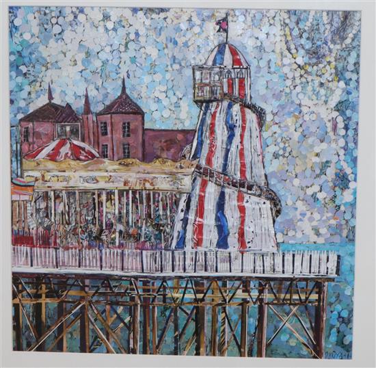 Contemporary School, gouache and mosaic, Helter skelter on a pier, 40 x 39cm and 2 limited edition prints by the same artist,